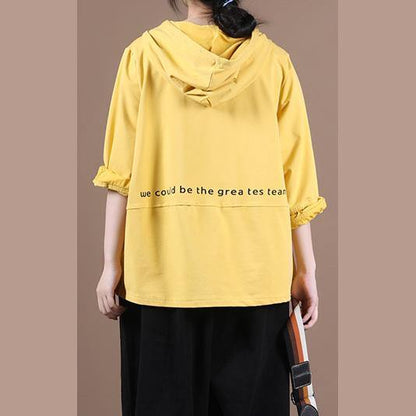 Simple yellow Letter shirts hooded patchwork loose shirt - SooLinen