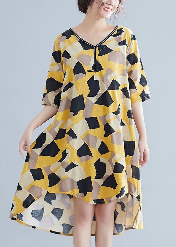 Simple yellow print cotton quilting clothes v neck half sleeve oversized summer Dress - SooLinen