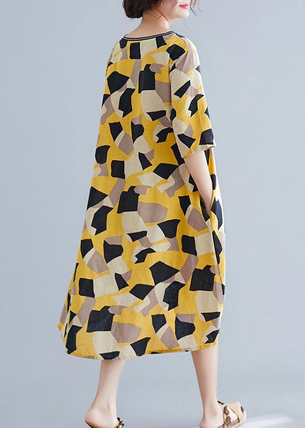Simple yellow print cotton quilting clothes v neck half sleeve oversized summer Dress - SooLinen