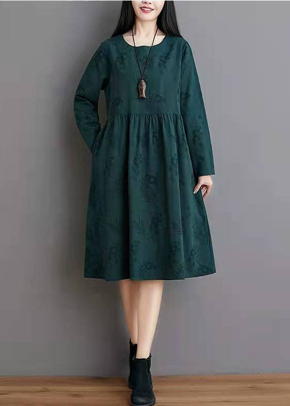 Einfache Leinenkleidung Damen Jacquard Pleat Blue Leinen Loose Dress