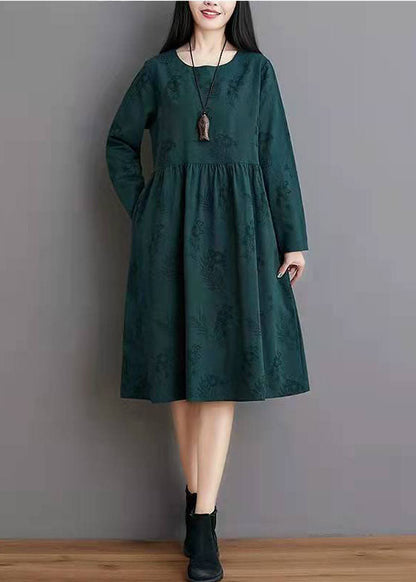 Einfache Leinenkleidung Damen Jacquard Pleat Blue Leinen Loose Dress