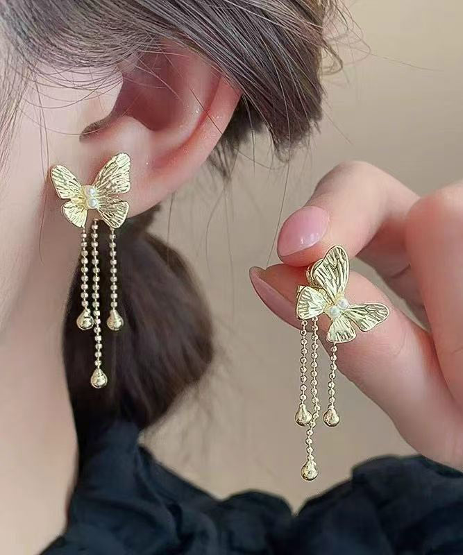 Skinny Gold Alloy Butterfly Tassel Drop Earrings