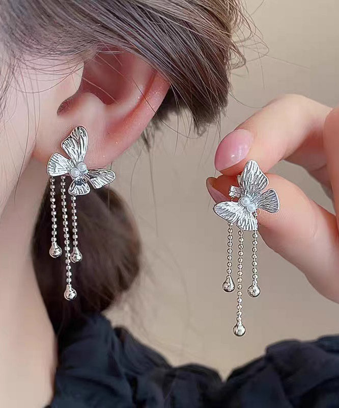 Skinny Gold Alloy Butterfly Tassel Drop Earrings