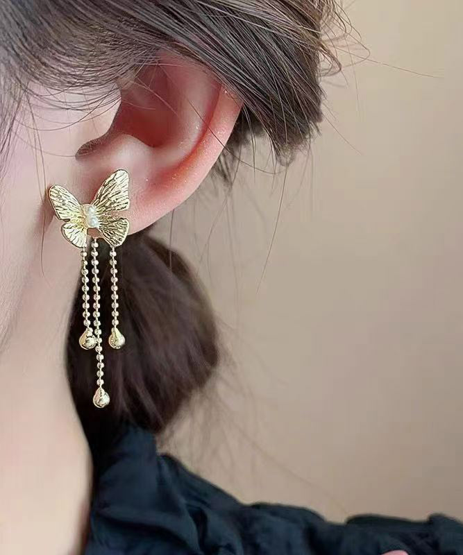 Skinny Gold Alloy Butterfly Tassel Drop Earrings