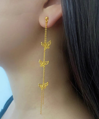 Pendientes colgantes con borlas de mariposa de oro antiguo y fino