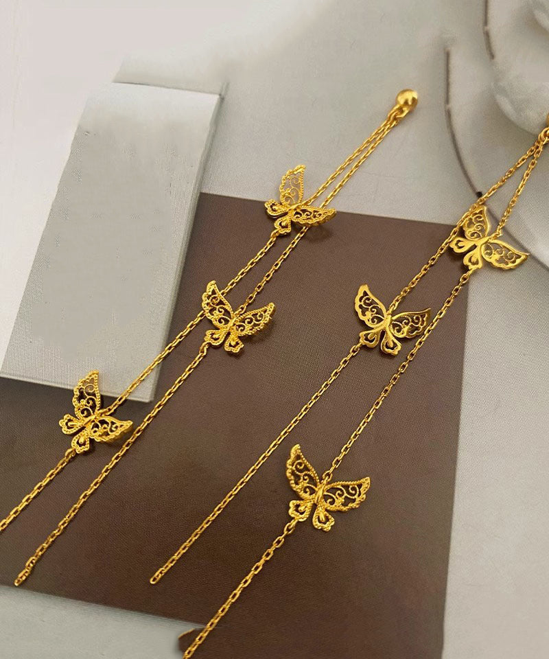 Pendientes colgantes con borlas de mariposa de oro antiguo y fino