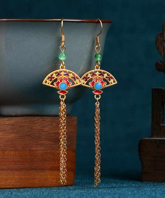 Pendientes colgantes de calcedonia con borlas finas de cobre dorado y dorado en forma de abanico