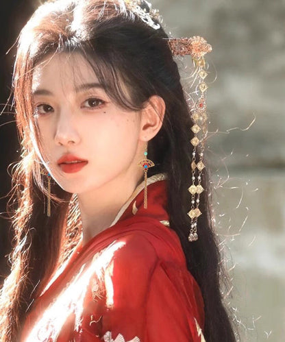 Pendientes colgantes de calcedonia con borlas finas de cobre dorado y dorado en forma de abanico