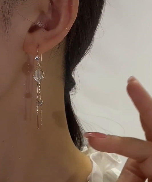 Pendientes colgantes con borlas de piedra de ojo de gato y plata de ley dorada fina