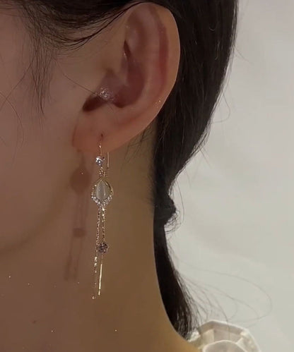 Pendientes colgantes con borlas de piedra de ojo de gato y plata de ley dorada fina