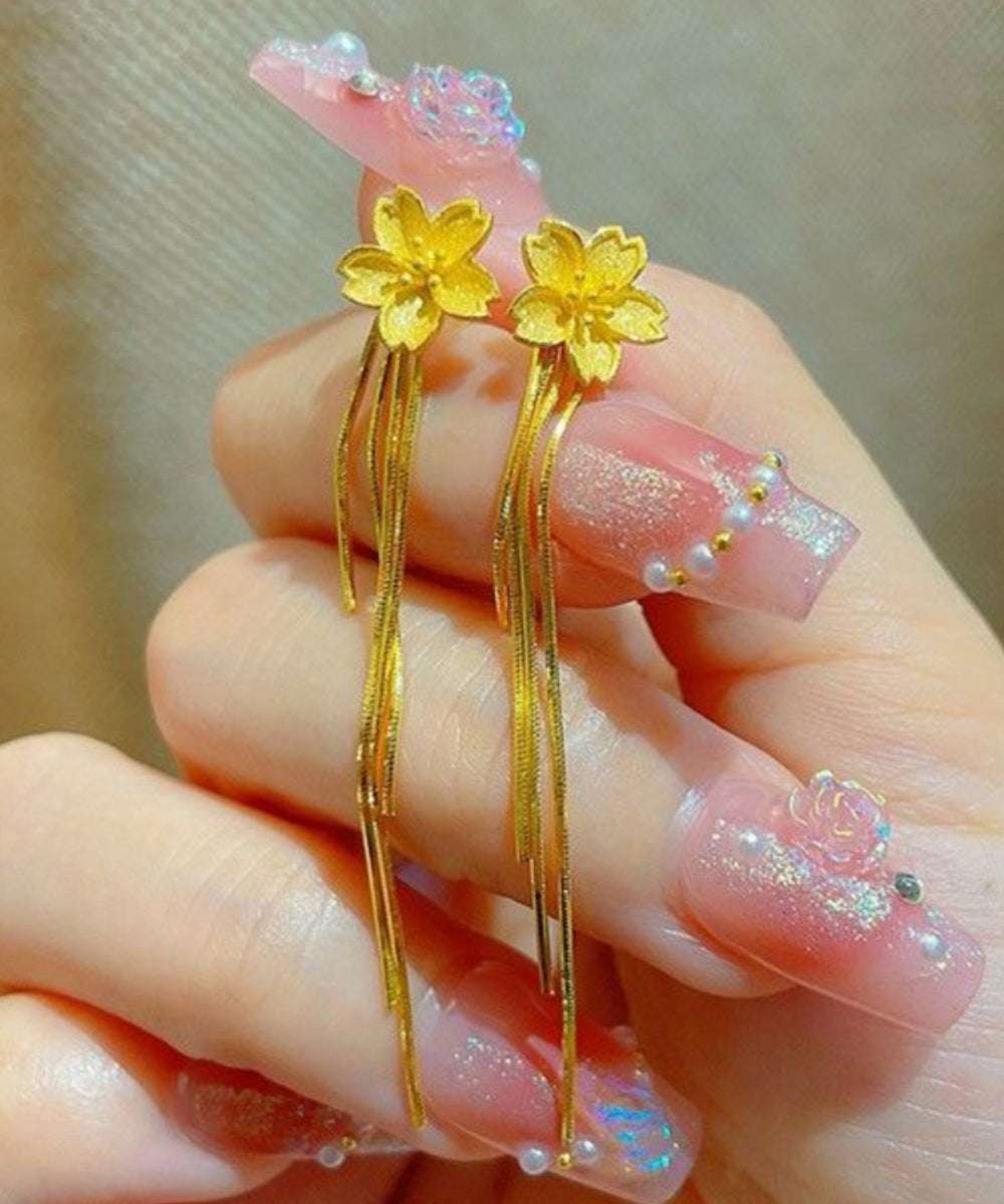 Pendientes colgantes con borlas florales y plata de ley dorada fina