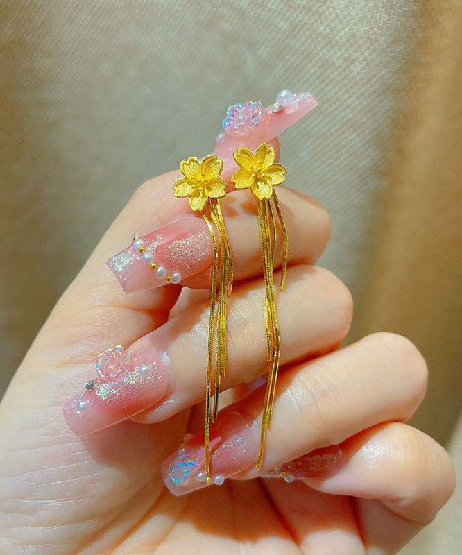 Pendientes colgantes con borlas florales y plata de ley dorada fina