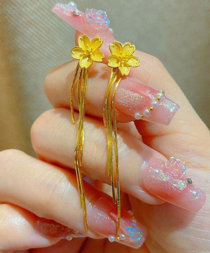 Pendientes colgantes con borlas florales y plata de ley dorada fina