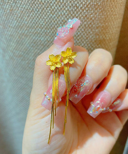 Pendientes colgantes con borlas florales y plata de ley dorada fina