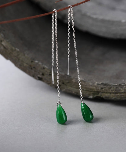 Pendientes delgados de plata de ley verde con borlas y jade verde seco