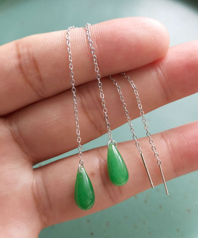 Pendientes delgados de plata de ley verde con borlas y jade verde seco