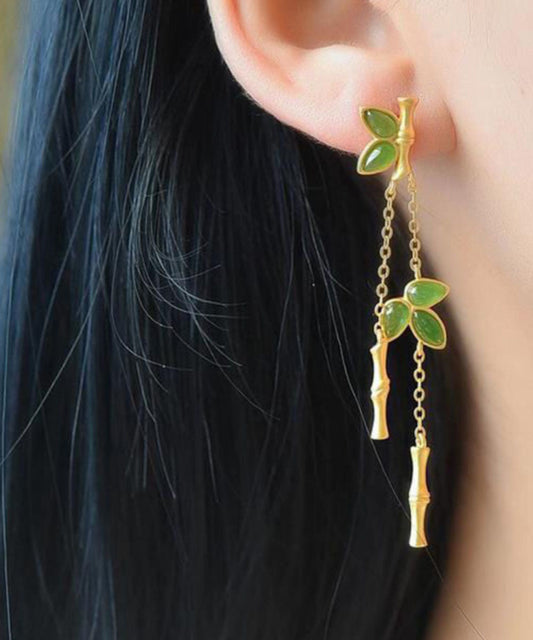 Pendientes colgantes finos de jade y bambú en plata de ley verde sobredorada