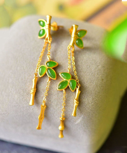 Pendientes colgantes finos de jade y bambú en plata de ley verde sobredorada