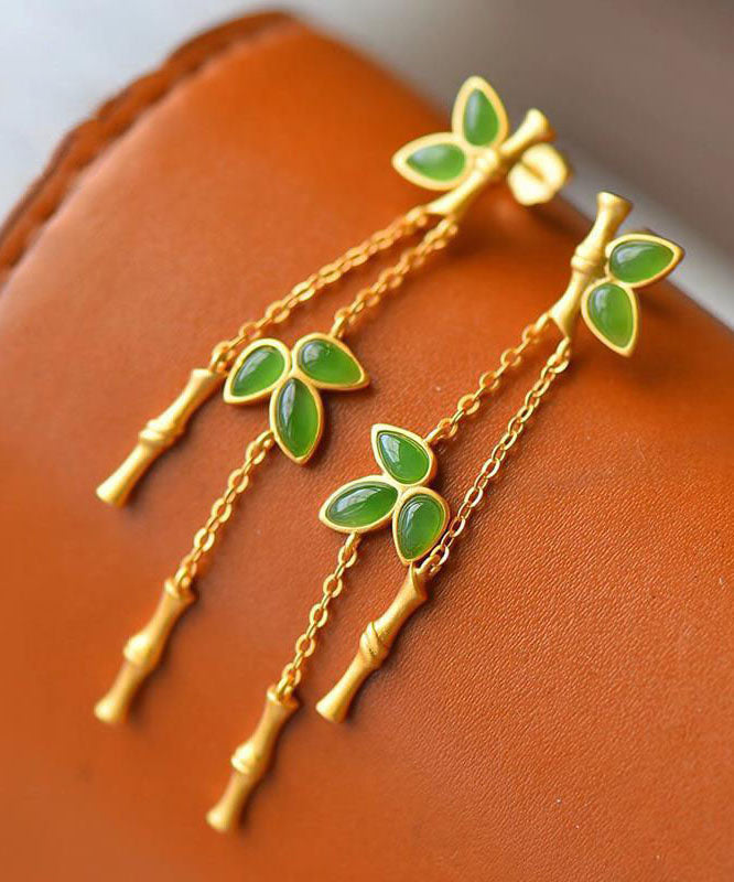 Pendientes colgantes finos de jade y bambú en plata de ley verde sobredorada