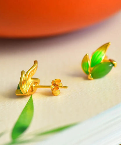 Pendientes colgantes finos de jade y bambú en plata de ley verde sobredorada