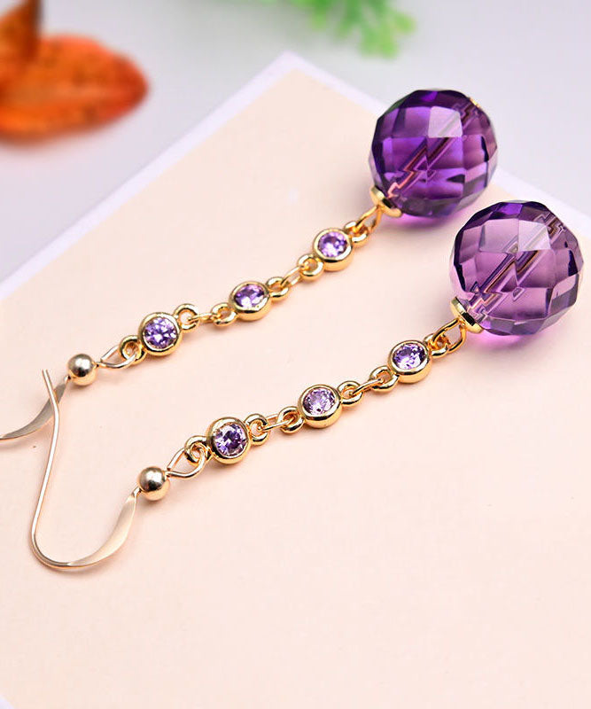 Schmale, violette Tropfenohrringe mit glatter Oberfläche und Quasten aus 14 Karat Gold mit Kristallen