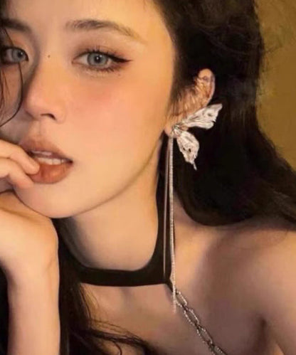 Pendientes colgantes de borla de mariposa de plata de ley y seda fina