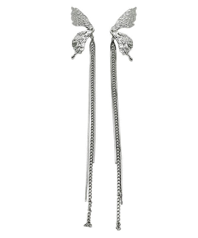 Pendientes colgantes de borla de mariposa de plata de ley y seda fina