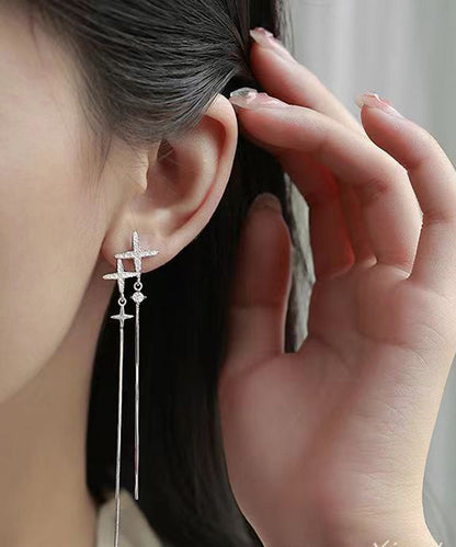 Pendientes de plata de ley con borlas y estrellas asimétricas de circonitas y seda fina