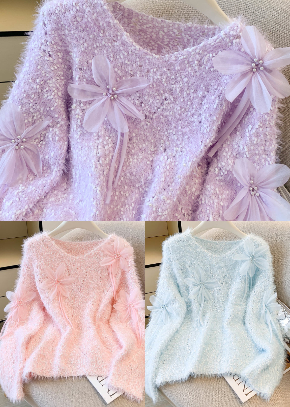Sky Blue Floral Decorated Sweaters Oversized Nail Bead Winter