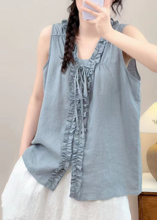Sky Blue Linen Shirts Ruffled Lace Up Sleeveless