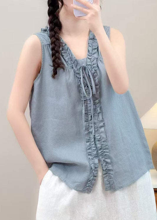 Sky Blue Linen Shirts Ruffled Lace Up Sleeveless