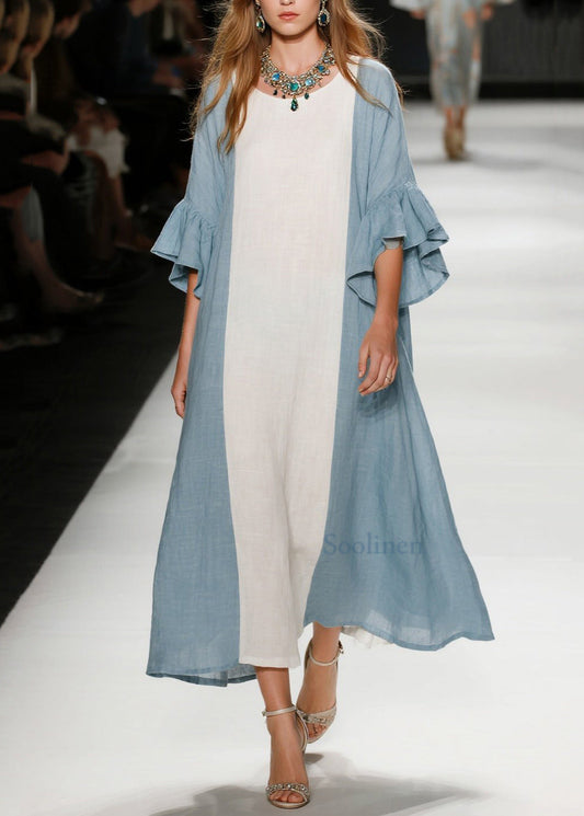 Himmelblaue Patchwork-Baumwollkleider mit Oversize-Ausschnitt und ausgestellten Ärmeln