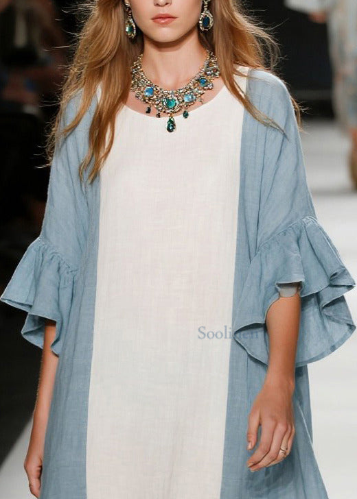 Vestidos de algodón con patchwork azul cielo y mangas acampanadas extragrandes