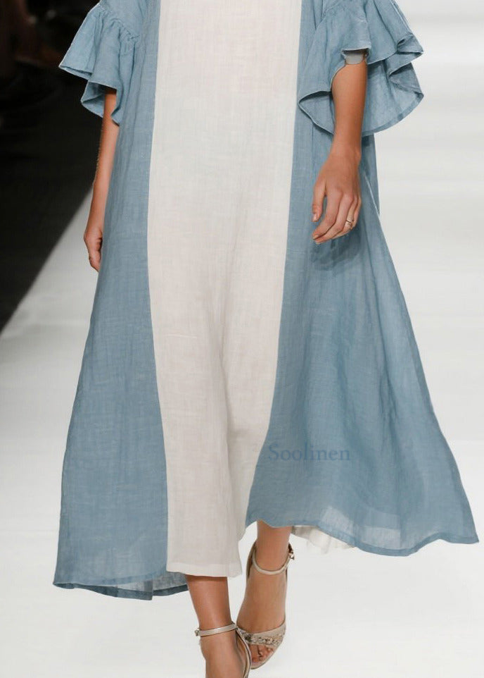 Vestidos de algodón con patchwork azul cielo y mangas acampanadas extragrandes