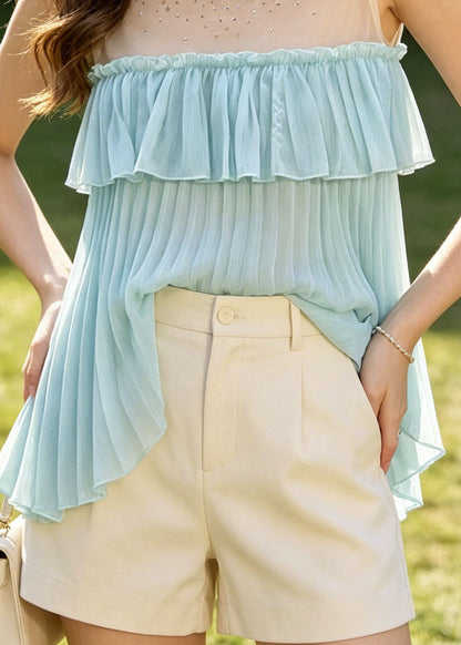 Sky Blue Patchwork Tulle Pleated Tops Rhinestone Sleeveless