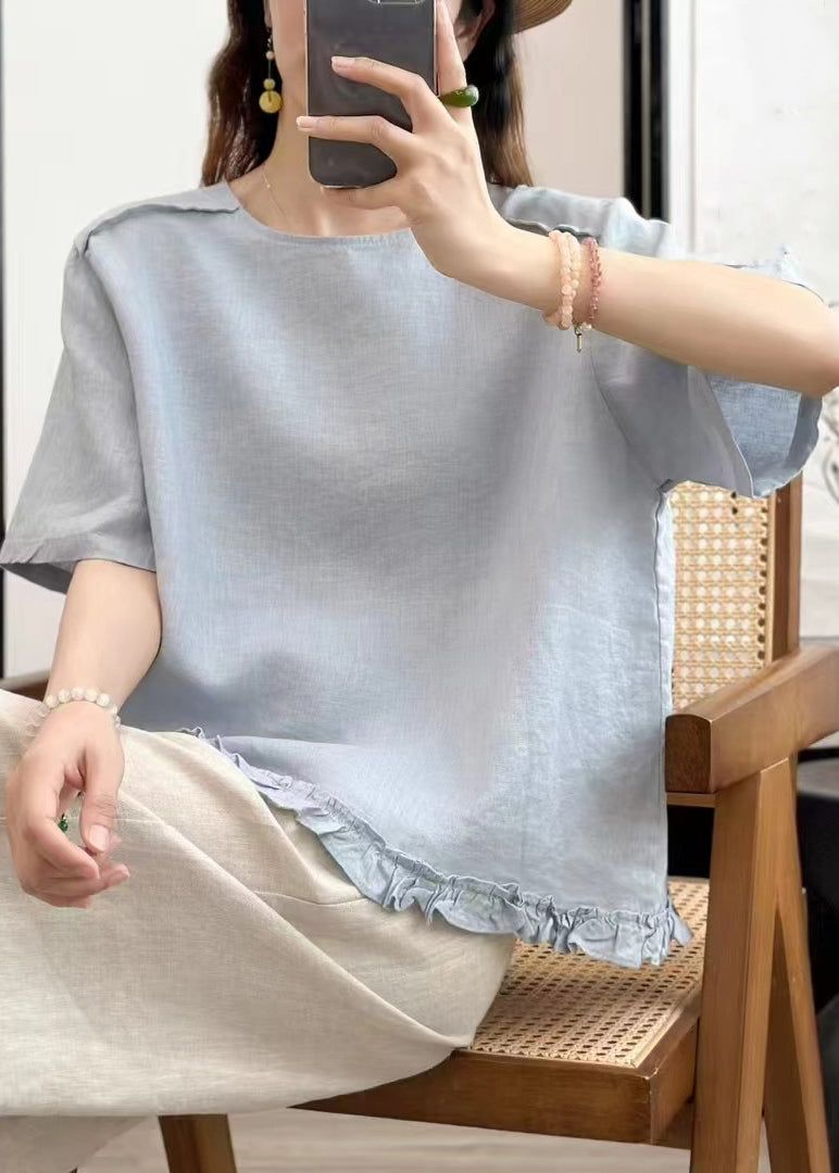 Sky Blue Wear On Both Sides Solid Linen Summer Blouse Ruffled