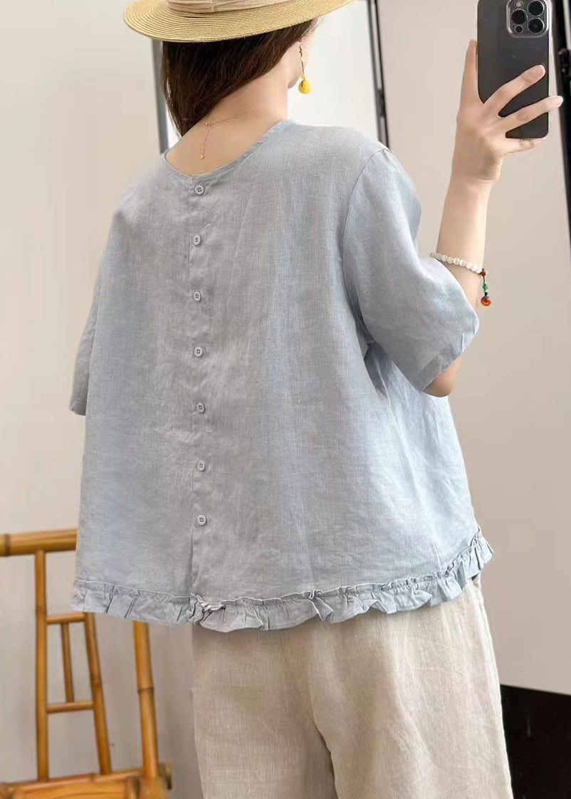 Sky Blue Wear On Both Sides Solid Linen Summer Blouse Ruffled
