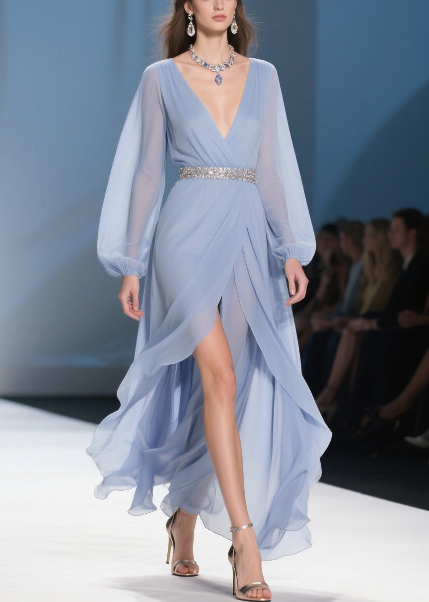 Sky Blue Wrinkled Low High Design Long Dresses V Neck