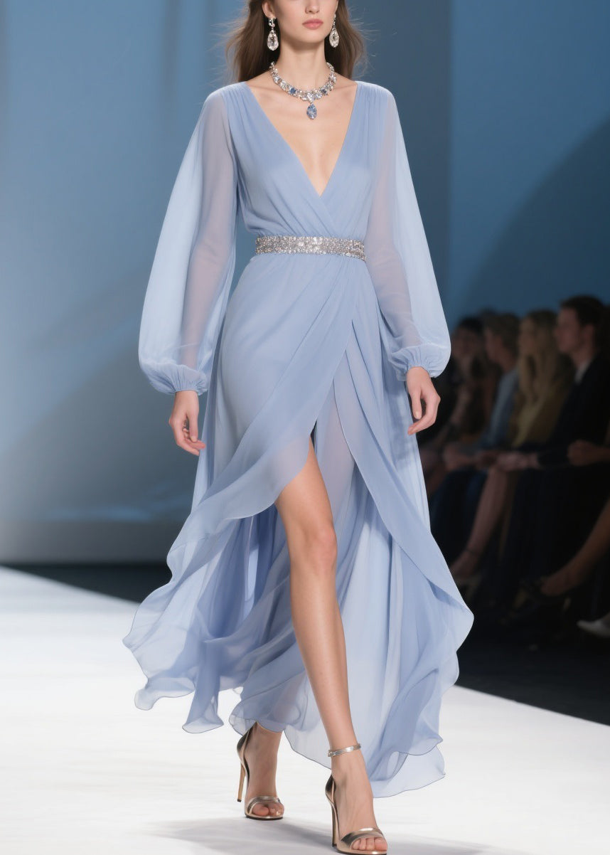 Sky Blue Wrinkled Low High Design Long Dresses V Neck