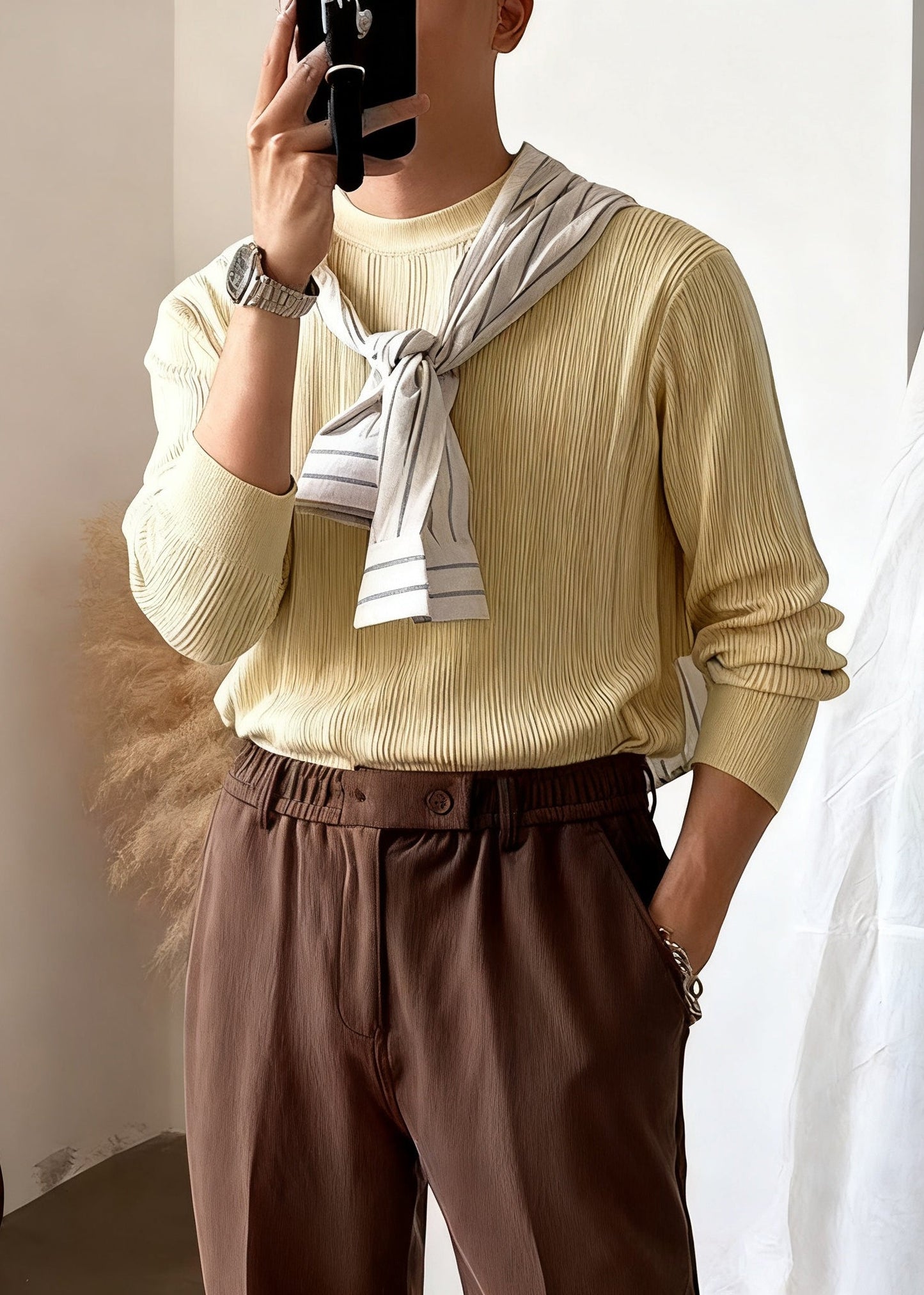 Slim Fit Apricot O Neck Striped Solid Knit Sweater Men Winter