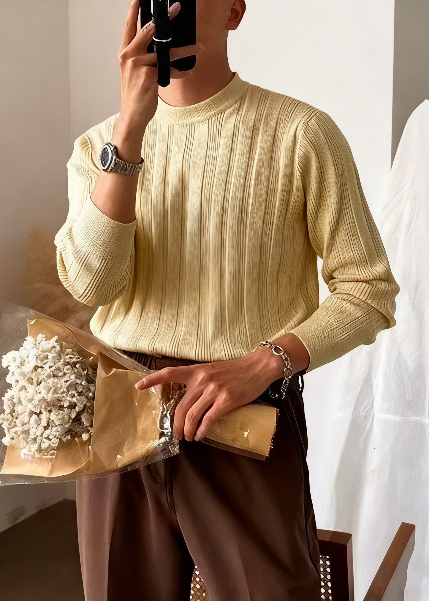 Slim Fit Apricot O Neck Striped Solid Knit Sweater Men Winter