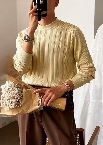 Slim Fit Apricot O Neck Striped Solid Knit Sweater Men Winter