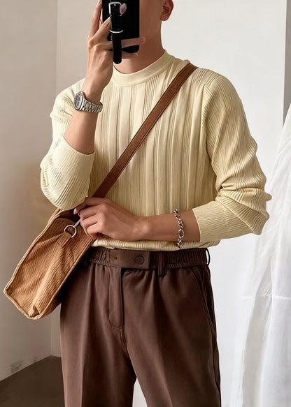 Slim Fit Apricot O Neck Striped Solid Knit Sweater Men Winter