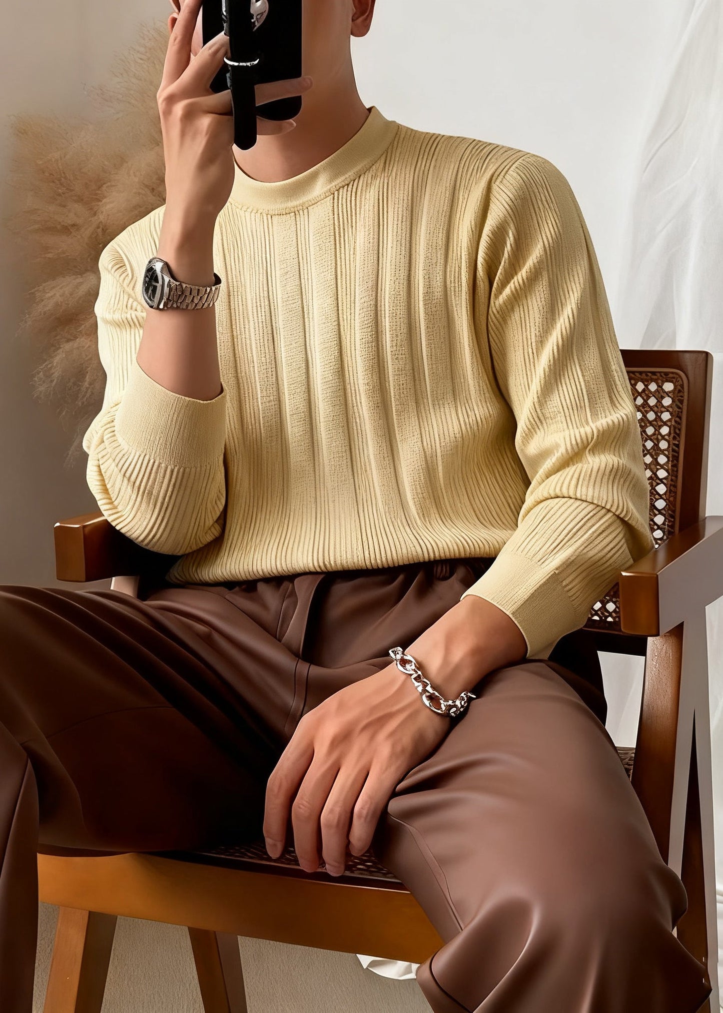 Slim Fit Apricot O Neck Striped Solid Knit Sweater Men Winter