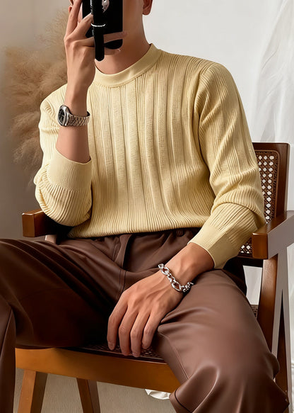Slim Fit Apricot O Neck Striped Solid Knit Sweater Men Winter