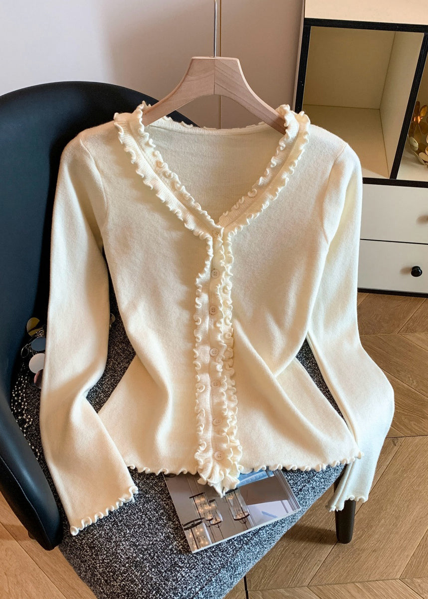 Slim Fit Apricot Ruffled Cozy Knit Sweater Tops