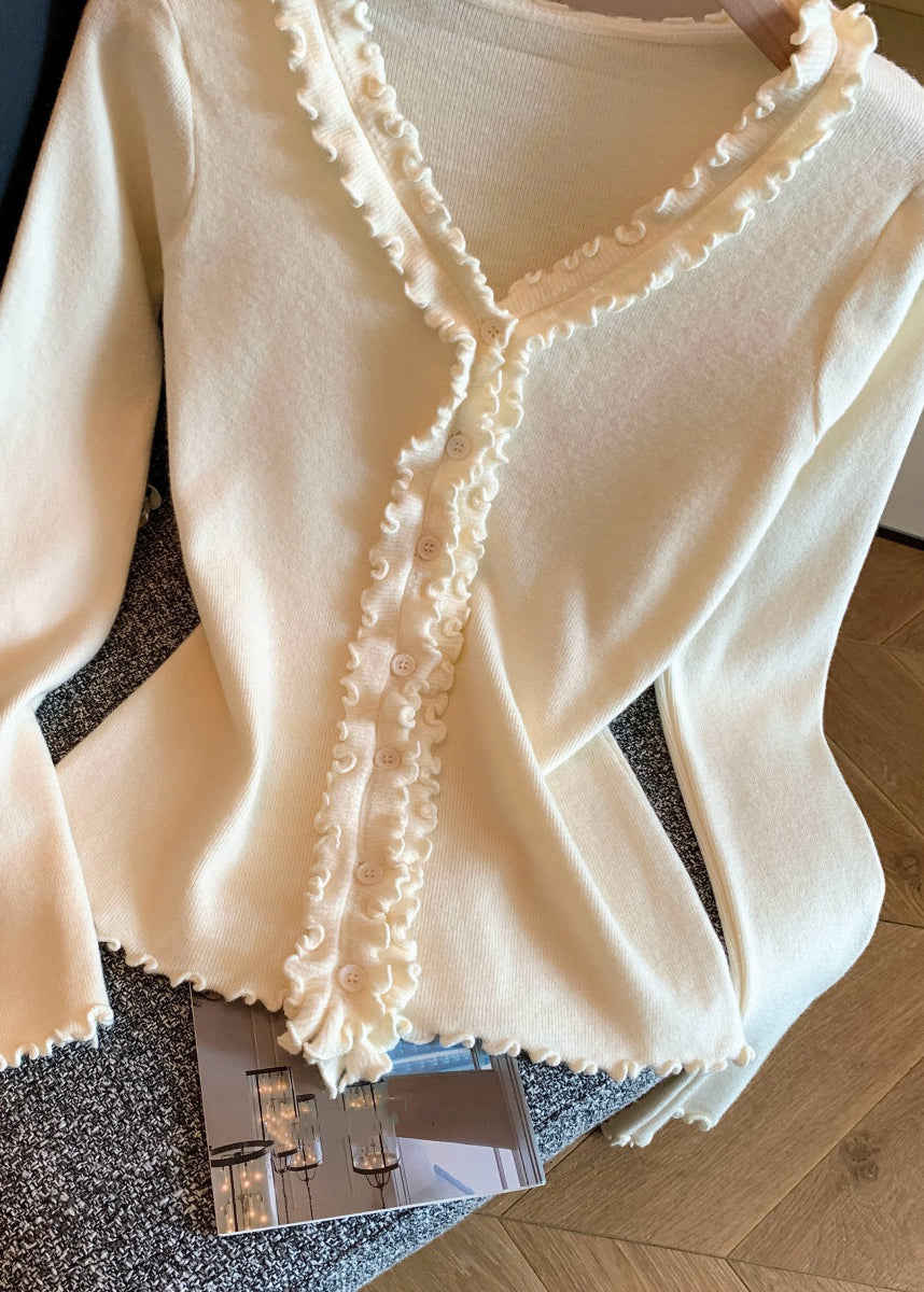 Slim Fit Apricot Ruffled Cozy Knit Sweater Tops