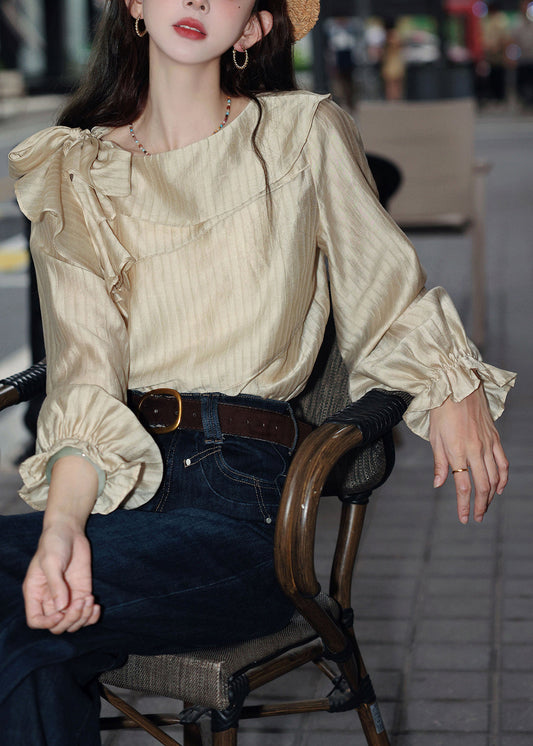 Slim Fit Apricot Striped Lace Up Cotton Blouses Butterfly Sleeve