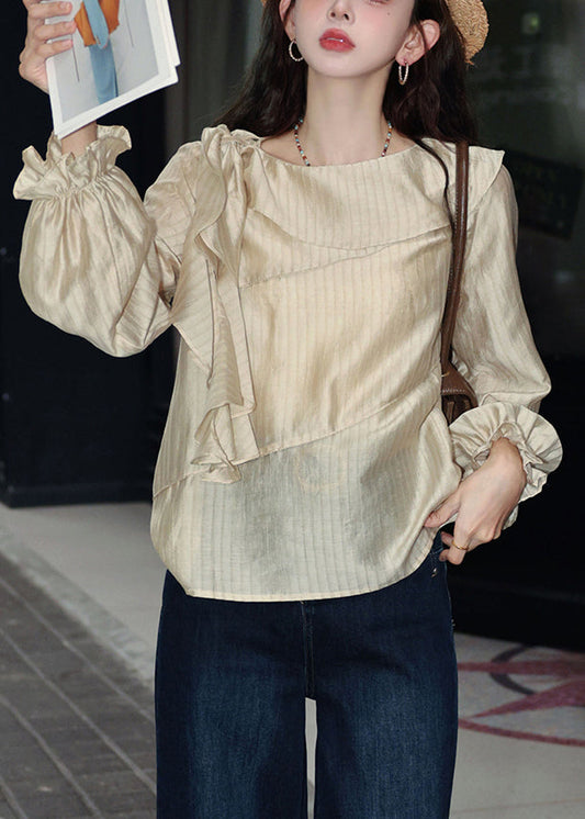 Slim Fit Apricot Striped Lace Up Cotton Blouses Butterfly Sleeve