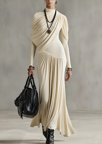 Slim Fit Apricot Wrinkled Solid Cotton Long Dresses Spring